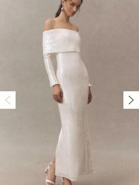 Off-Shoulder White Sequin Long-Sleeve Column Dress